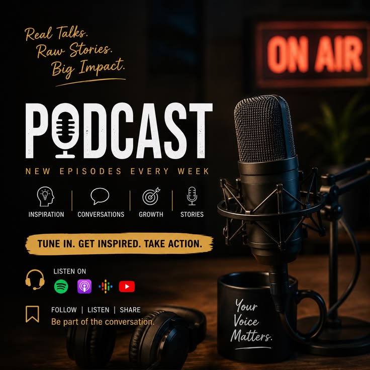 Podcast microphone and press coverage materials